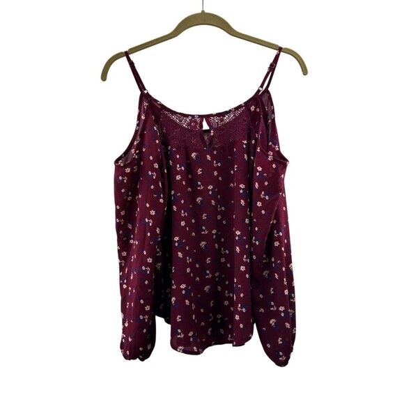 Rewind S Burgundy Floral Sleeveless Lace Detail Blouse Top Western Peasant Boho - Picture 6 of 10
